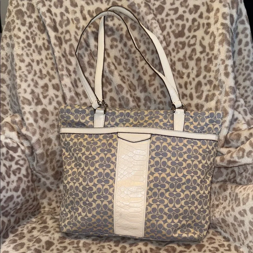 Coach Signature Canvas Shoulder Tote in Beige and Cream